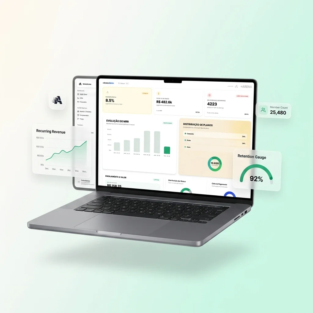 Dashboard +Arena — Sócio Torcedor com MRR, retenção e distribuição de planos